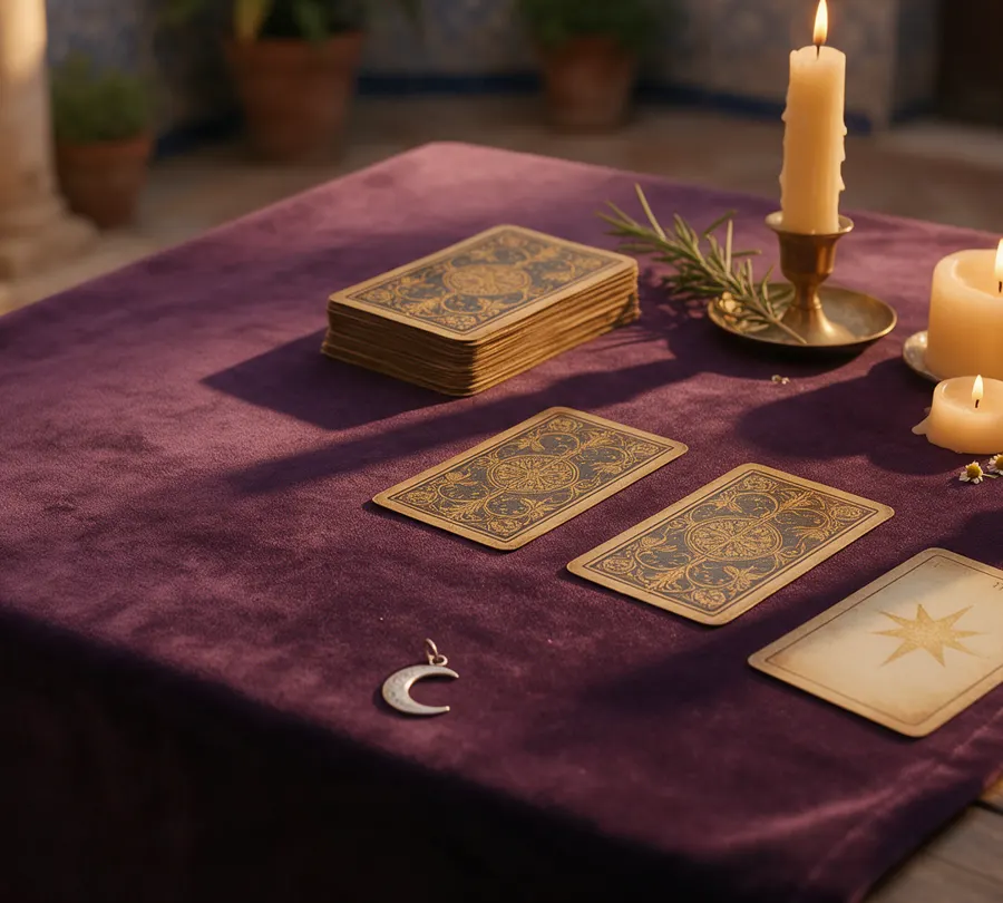 Lit candles and tarot cards on purple velvet.